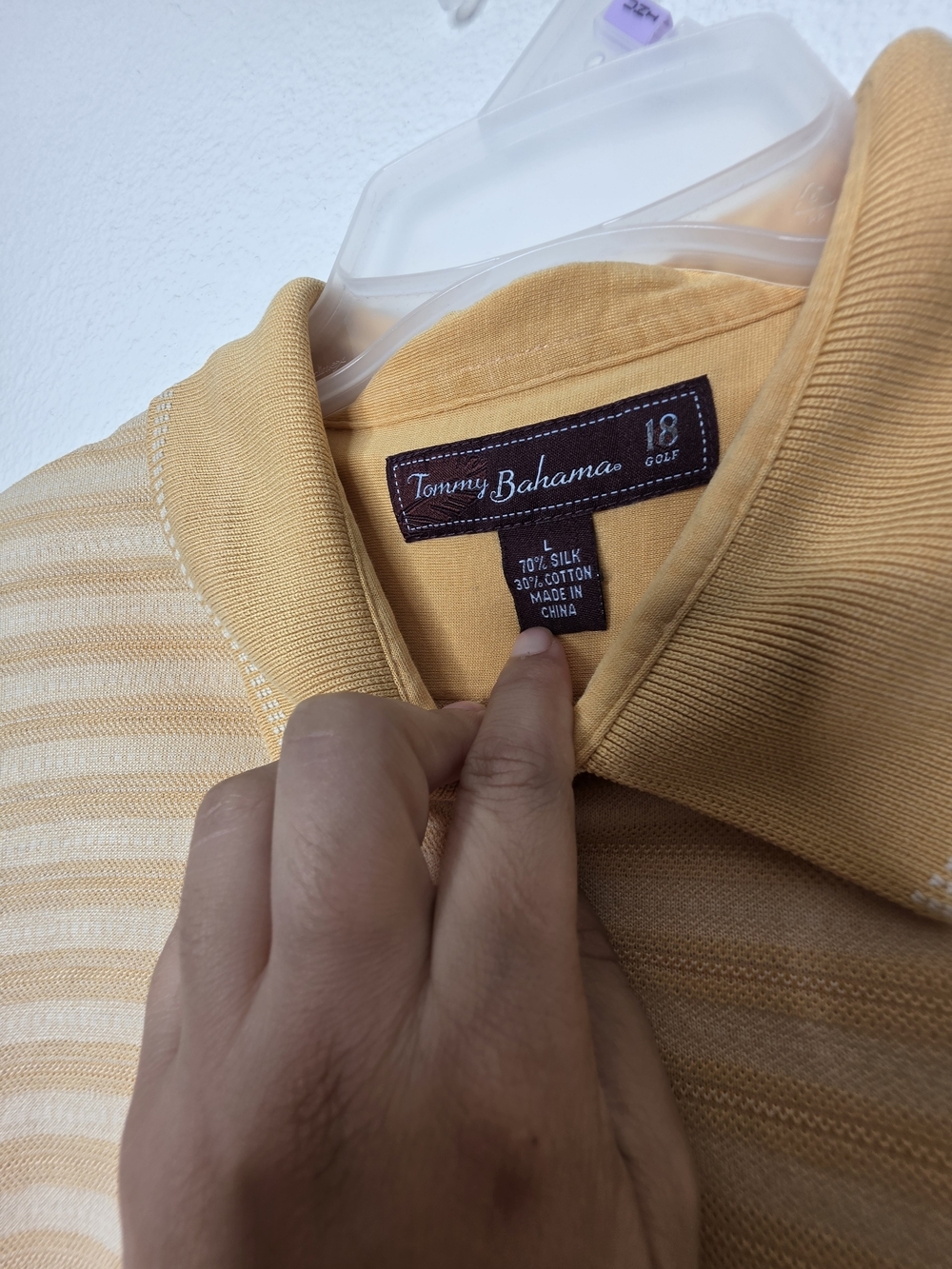 Tommy Bahama 18 Golf Mens L Yellow Beige Striped Short Sleeve Polo Palm Tree - Picture 2 of 15